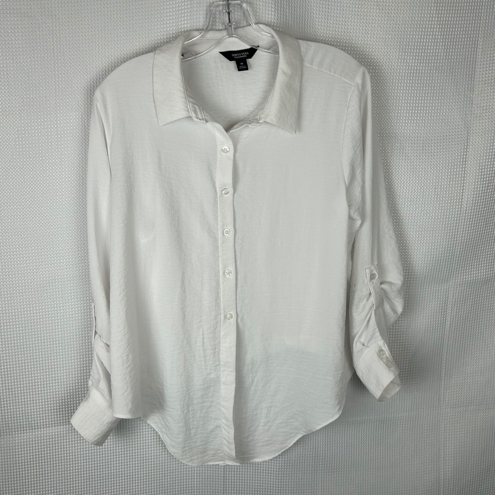Simply Vera Vera Wang Womens White Roll Tab Button Down Shirt Modern White M